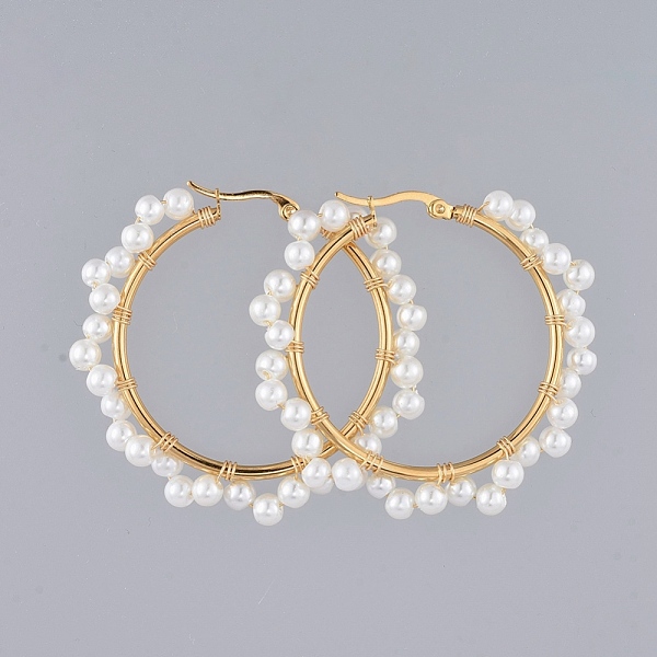 

PandaHall Beaded Hoop Earrings, with Glass Pearl Beads, Golden Plated 304 Stainless Steel Hoop Earrings Findings and Copper Wire, Ring..., White
