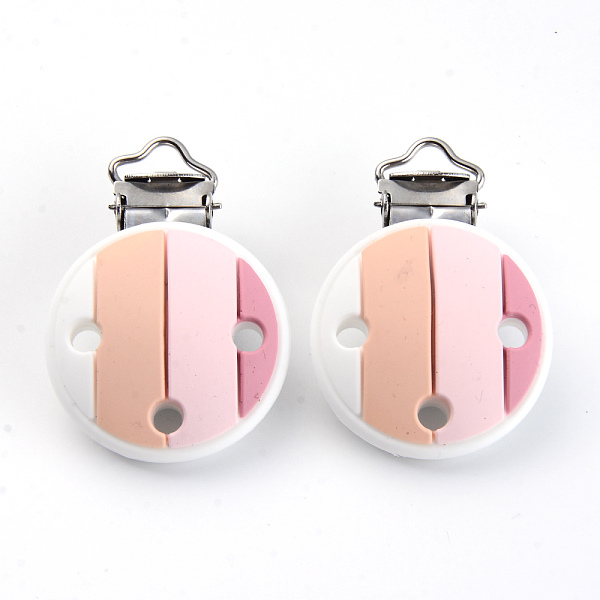 

PandaHall Food Grade Eco-Friendly Silicone Baby Pacifier Clips, with 304 Stainless Steel Clips, Flat Round, Stainless Steel Color, Colorful...
