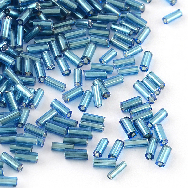 

PandaHall Glass Bugle Beads, Silver Lined, Dodger Blue, 4~4.5x2mm, Hole: 1mm, about 450g/bag, 14000pcs/bag Glass Blue