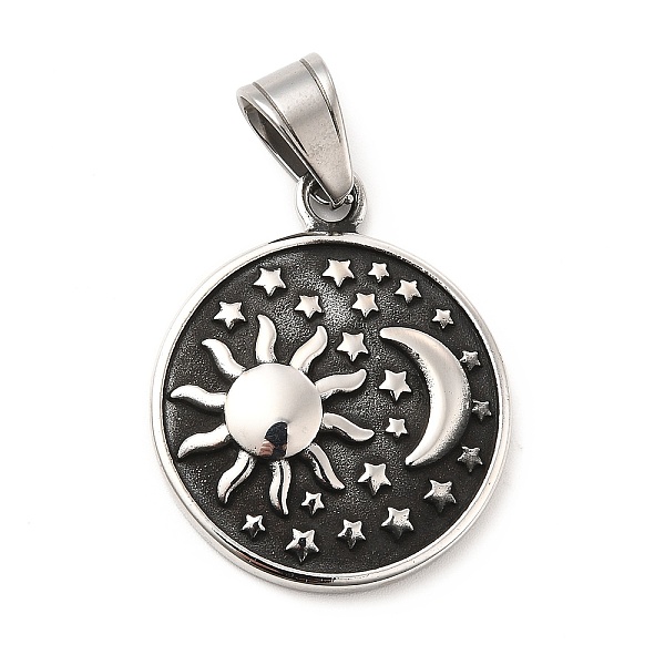 

PandaHall 304 Stainless Steel Pendants, Flat Round Charms, with Sun and Moon and Star Pattern, Antique Silver, 33.5x27.5x5mm, Hole: 9x6mm...