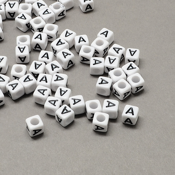

PandaHall Large Hole Acrylic Letter European Beads, Horizontal Hole, White & Black, Cube with Letter.A, 6x6x6mm, Hole: 4mm, about...