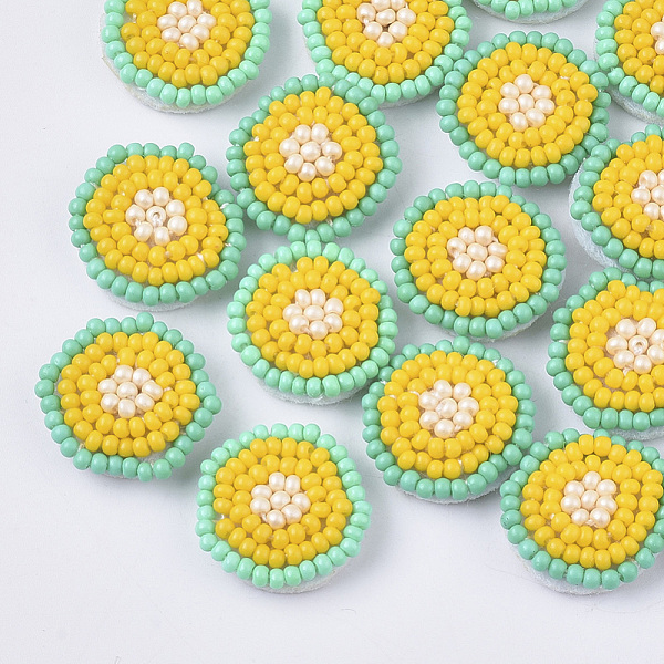 

PandaHall Glass Seed Beads Cabochons, Cluster Beads, with Non-Woven Fabric, Flat Round, Gold, 17~18x3.5~4mm Glass Flat Round Gold