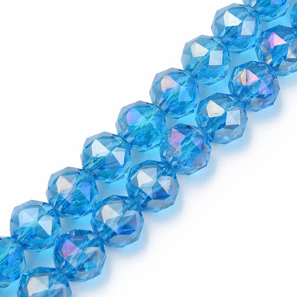 

PandaHall Electroplate Transparent Glass Beads Strands, Half Plated, Faceted, Round, Dodger Blue, 10x8.5mm, Hole: 1.2mm, about 60pcs/strand...