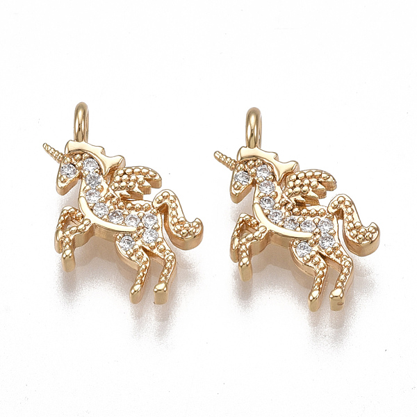 PandaHall Brass Charms, Nickel Free, Real 18K Gold Plated, with Cubic Zirconia, Unicorn, Clear, 14.5x12x2mm, Hole: 1.6mm Brass+Cubic...