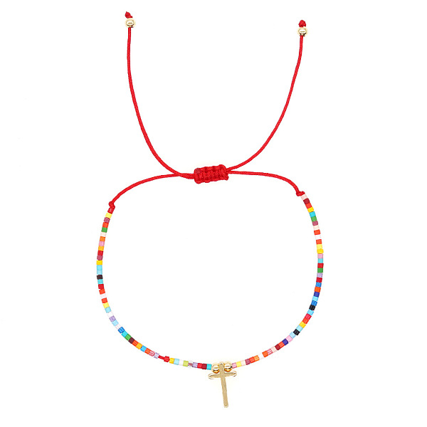 

PandaHall Easter Seed Braided Bead Bracelets, Adjustable Cross Brass Charm Bracelets for Women, Golden Seed Beads