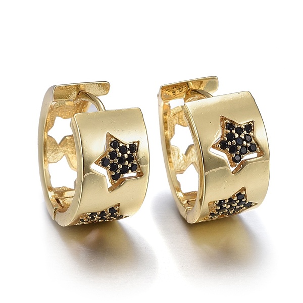 

PandaHall Brass Micro Pave Cubic Zirconia Huggie Hoop Earrings, Long-Lasting Plated, Hollow, Ring with Star, Black, Real 18K Gold Plated...