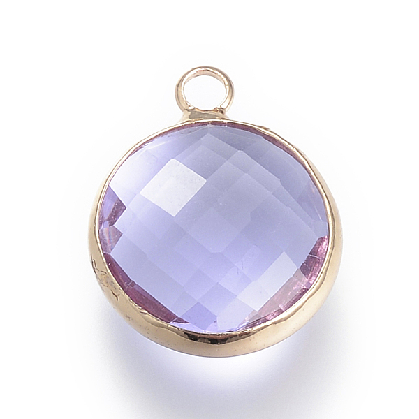 

PandaHall Glass Pendants, with Brass Findings, Faceted, Flat Round, Lilac, 9.5x6.5x2.5mm, Hole: 2mm Brass+Glass Flat Round Purple