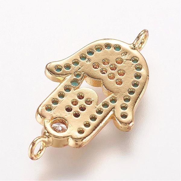 

PandaHall Brass Micro Pave Cubic Zirconia Links, Hamsa Hand/Hand of Fatima/Hand of Miriam with Heart, Golden, 20x12.5x2mm, Hole: 1mm...