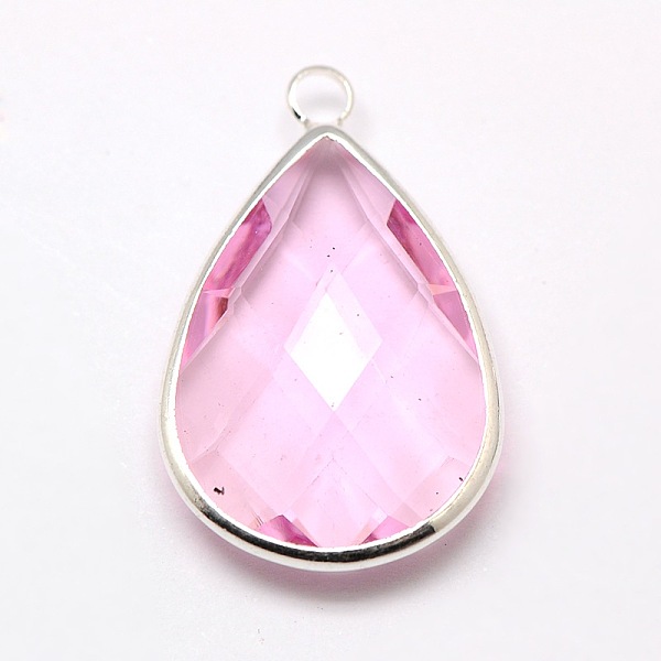 

PandaHall Silver Color Plated Brass Glass Teardrop Pendants, Faceted, Pearl Pink, 18x10x5mm, Hole: 2mm Brass+Glass Teardrop Pink