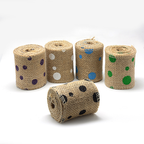 

PandaHall Dot Printed Burlap Ribbon, Hessian Ribbon, Jute Ribbon, for Jewelry Making, Mixed Color, 2-3/8 inch(60mm), about 2.187yards/roll..., Multicolor
