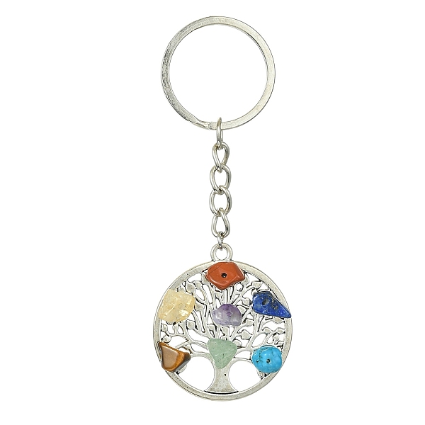 

PandaHall Alloy with Natural & Synthetic Mixed Gemstone Chip Pendant Keychain, with Iron Split Key Rings, Flat Round with Tree of Life...