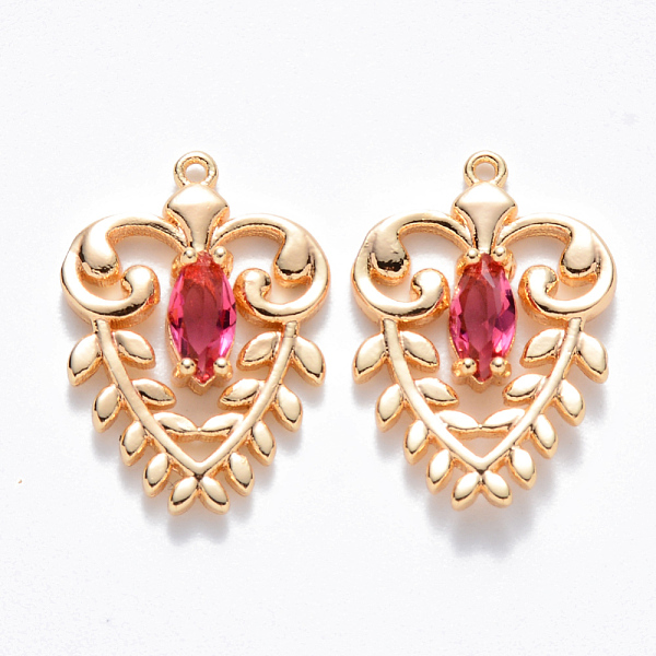 

PandaHall Brass Glass Pendants, Nickel Free, Heart, Real 18K Gold Plated, Deep Pink, 17x12x3mm, Hole: 0.8mm Brass+Glass Heart Pink