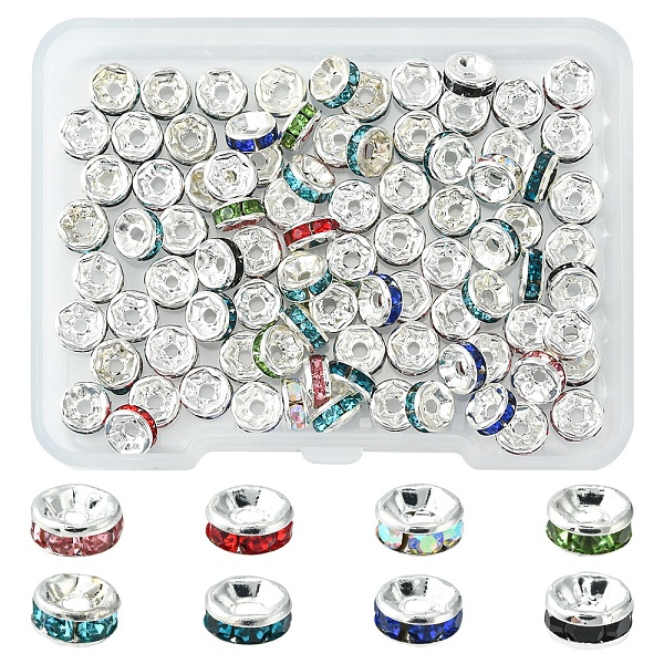 

PandaHall 80Pcs 8 Styles Brass Rhinestone Spacer Beads, Grade A, Straight Flange, Silver, Rondelle, Mixed Color, 6x3mm, Hole: 1mm..., Multicolor