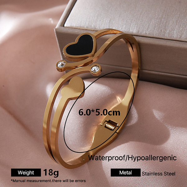 Bracciale rigido con chiusura a cerniera da donna in acciaio inossidabile 304 con smalto nero e strass di cristallo