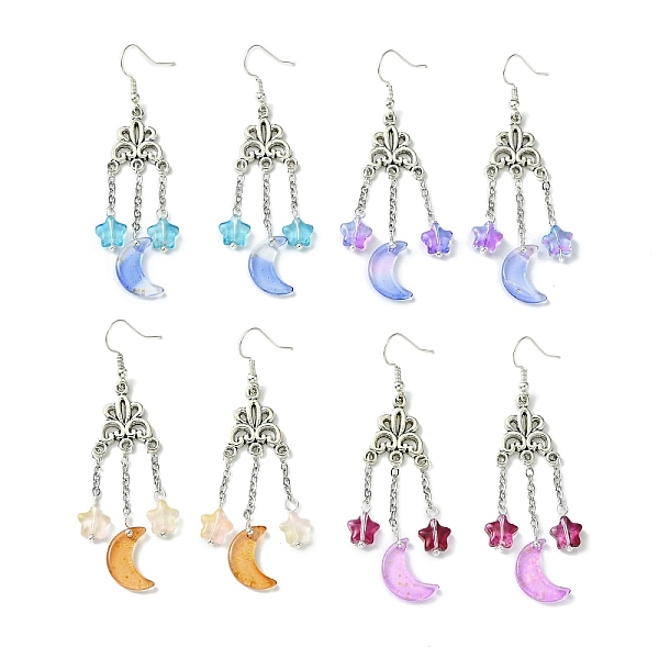 

PandaHall 4 Pairs 4 Colors Glass Moon with Star Long Drop Earrings, Brass Chandelier Earrings for Women, Mixed Color, 71.5x17mm, 1..., Multicolor
