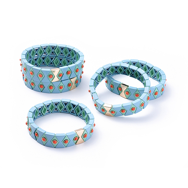 

PandaHall (Jewelry Parties Factory Sale)Tile Elastic Bracelets, Spray Painted Alloy Stretch Bracelets, with Synthetic Gemstone, Hourglass..., Blue