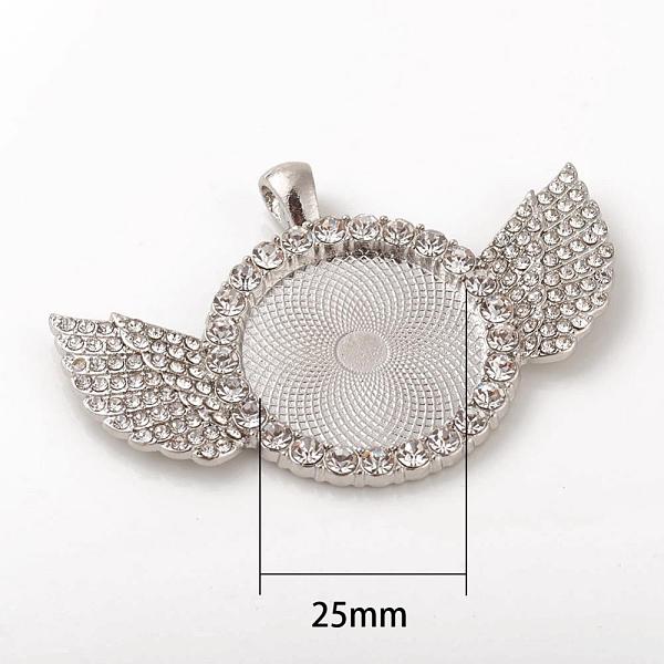 

PandaHall Alloy Pendant Cabochon Setting, with Crystal Rhinestone, Flat Round with Wing, Platinum, Tray: 25mm, 41x60x3mm, Hole: 3.5x5.5mm..., Clear