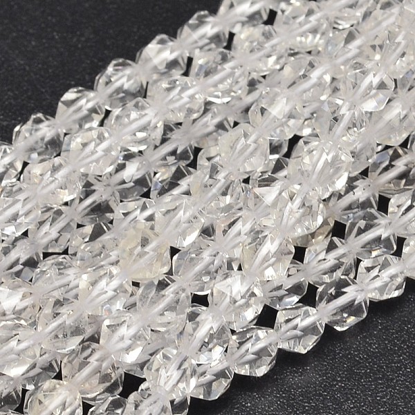

PandaHall Faceted Natural Quartz Crystal Beads Strands, Rock Crystal Beads, Star Cut Round Beads, 6x5mm, Hole: 1mm, about 64pcs/strand, 15.7..., Clear