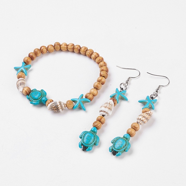 

PandaHall Wood Jewelry Sets, Bracelets & Dangle Earrings, with Dyed Synthetic Turquoise and Spiral Shell, Brass Earring Hooks and Stainless...