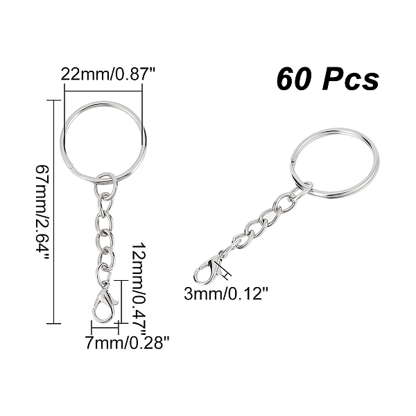 

PandaHall CHGCRAFT 60Pcs Iron Keychain Clasps, with Chains & Lobster Claw Clasps, Round Ring, Platinum, 67mm Iron Round