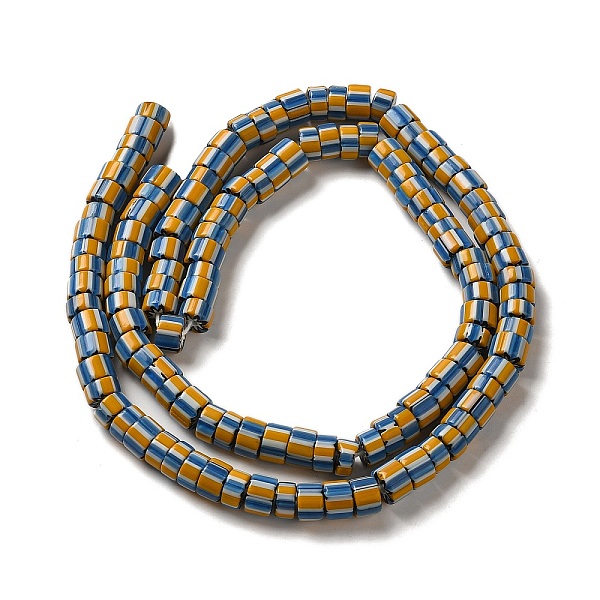 

PandaHall Handmade Nepalese Lampwork Beads, Column with Stripe, Goldenrod, 9~11x4~10mm, Hole: 2mm, about 101pcs/strand, 25.98~26.77''..., Gold
