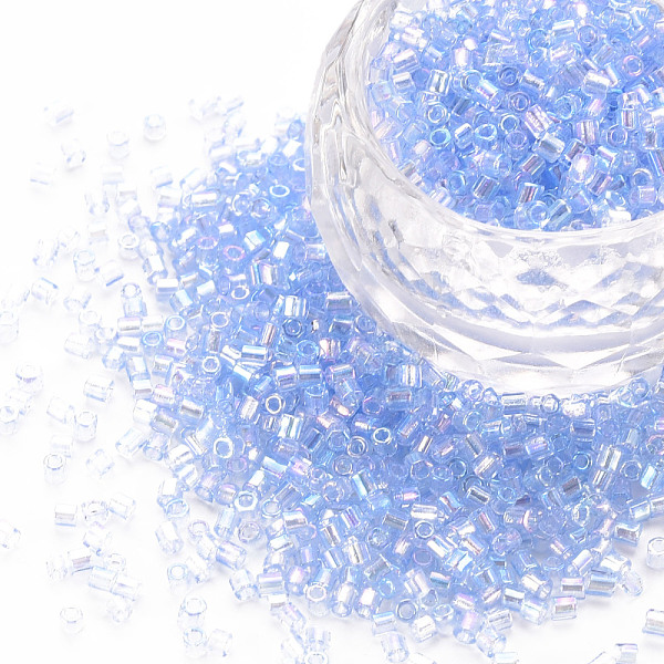 

PandaHall Glass Bugle Beads, Transparent Colours Rainbow, Light Blue, 2.5~3x2mm, Hole: 0.9mm, about 15000pcs/pound Glass