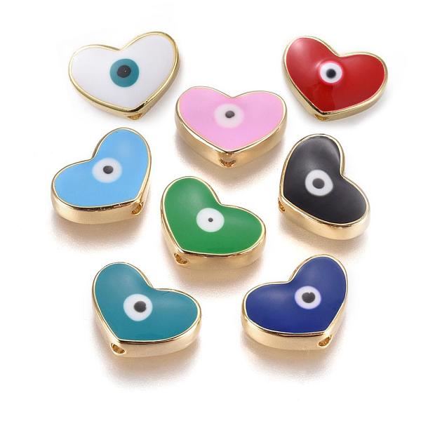 

PandaHall Golden Tone Brass Beads, with Enamel, Heart with Evil Eye, Mixed Color, 11x15x4.5mm, Hole: 1.6mm Brass+Enamel Heart Multicolor