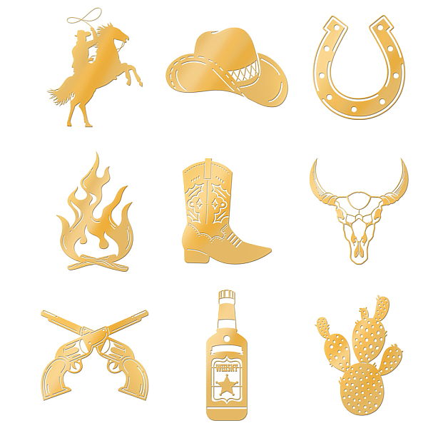 PandaHall OLYCRAFT 9Pcs 1.6 inch Metal Stickers Western Cowboy Theme Decorate Sticker Self Adhesive Golden Stickers Hats Campfires Bones...