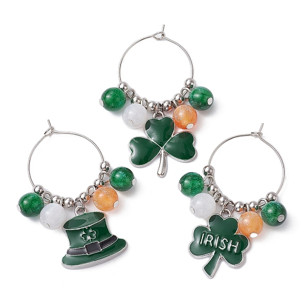 

PandaHall Saint Patrick's Day Alloy Enamel Wine Glass Charms, with Round Resin Beads and Brass Hoop Earrings Findings, Clover & Hat, Dark...