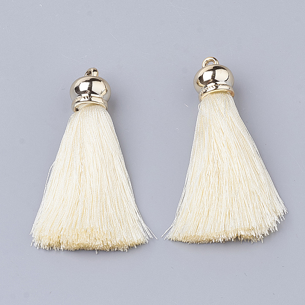 

PandaHall Polyester Tassel Big Pendant Decorations, with CCB Plastic Findings, Cornsilk, 65~75x15.5mm, Hole: 3mm Polyester Gold