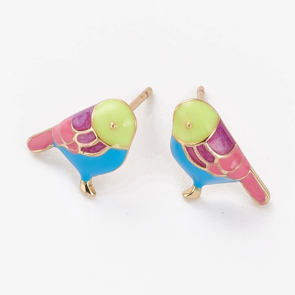 

PandaHall Brass Enamel Stud Earrings, Long-Lasting Plated, Bird, Colorful, Golden, 8x14x3mm, Pin: 0.7mm Brass Bird