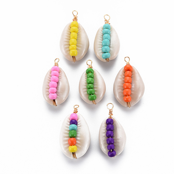 

PandaHall Cowrie Shell Pendants, with Plastic Bead and Golden Brass Findings, Mixed Color, 28~33x13~17x11~12mm, Hole: 1.5~4mm Cowrie Shell..., Multicolor