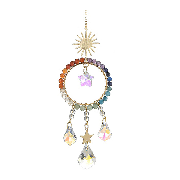 

PandaHall Chakra Gemstone Beads Pendant Decorations, Hanging Suncatchers, with Glass Teardrop Charm, for Home Decorations, Sun & Star, Ring..., White