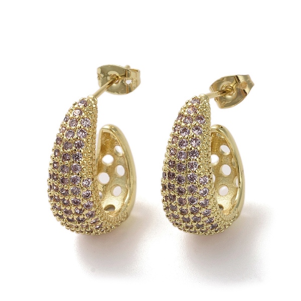 

PandaHall Brass Micro Pave Cubic Zirconia Stud Earrings, Half Hoop Earrrings, Lilac, 20x18mm Cubic Zirconia Purple