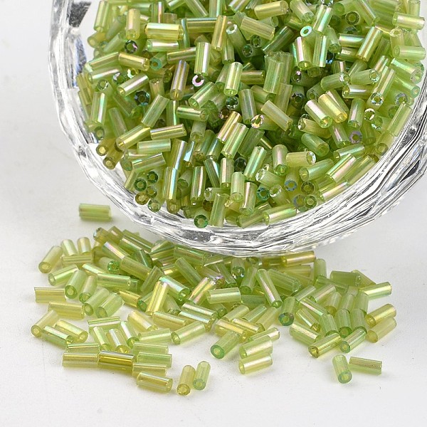 

PandaHall Glass Bugle Beads, Transparent Colours Rainbow, Yellow Green, 3~5x1.8~2mm, Hole: 0.8mm, about 12000pcs/450g Glass Green
