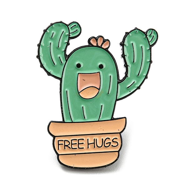 

PandaHall Cactus with Word Free Hugs Enamel Pins, Black Alloy Brooches for Backpack Clothes, Light Green, 30x24.5x2mm Alloy+Enamel Cactus