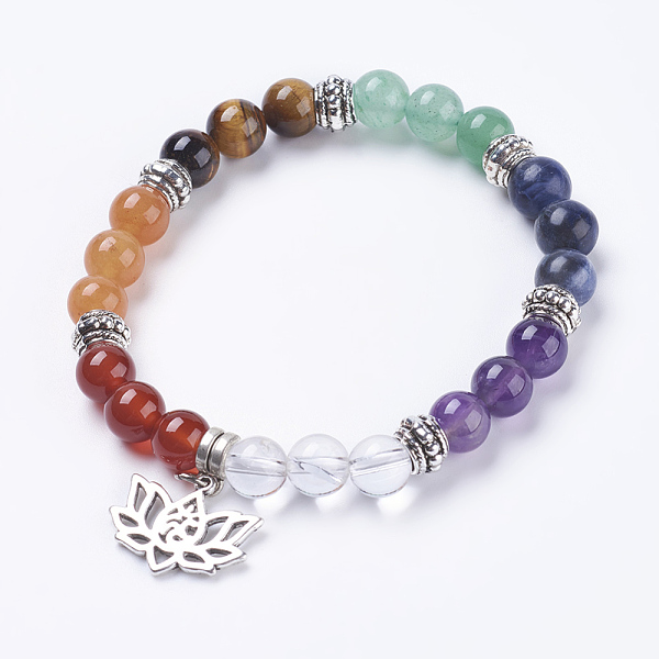

PandaHall Chakra Jewelry, Natural Mixed Stone Beads Stretch Bracelets, with Alloy Findings, Lotus, Antique Silver, 2-1/4 inch(5.7cm)...