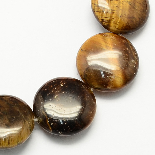 

PandaHall Natural Tiger Eye Stone Bead Strands, Flat Round, 16x5mm, Hole: 1mm, about 25pcs/strand, 16.5 inch Tiger Eye Flat Round Gold
