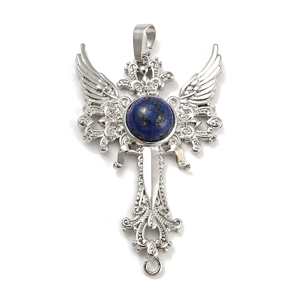 

PandaHall Natural Lapis Lazuli Big Pendants, Cross with Wing Charms, with Platinum Plated Brass Findings, 52.5x32x7~7.5mm, Hole: 4x8mm & 2mm...