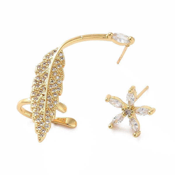 

PandaHall Cubic Zirconia Flower and Leaf Asymmetrical Earrings, Rack Plating Real 18K Gold Plated Brass Stud Earrings with Ear Cuff for..., Clear