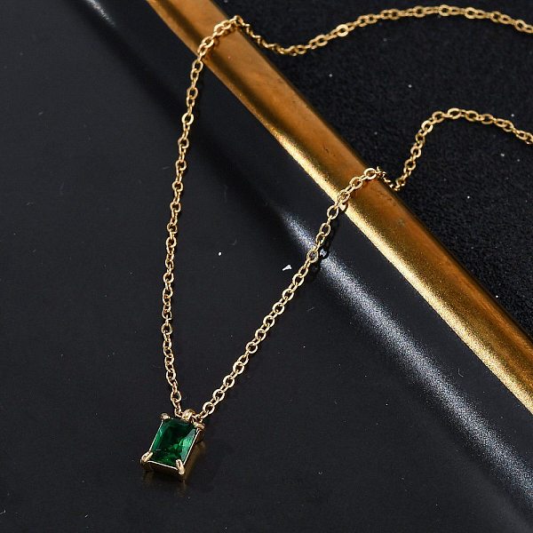 304 Stainless Steel Fern Green Rhinestone Rectangle Pendant Cable Chain Necklaces