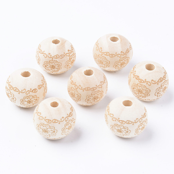 

PandaHall Unfinished Natural Wood European Beads, Large Hole Beads, for DIY Painting Craft, Laser Engraved Pattern, Round with Flower...
