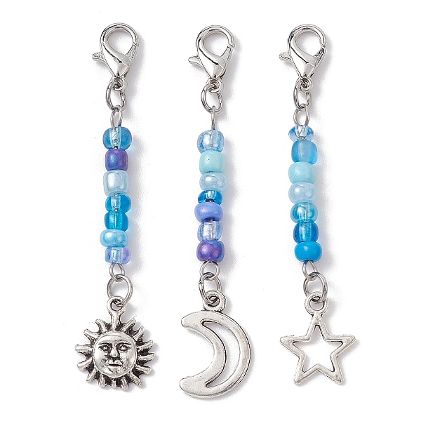 

PandaHall Alloy Pendant Decorations, with Glass Seed Beads and Alloy Swivel Lobster Claw Clasps, Sun/Star/Moonr, Antique Silver, 58~60mm...