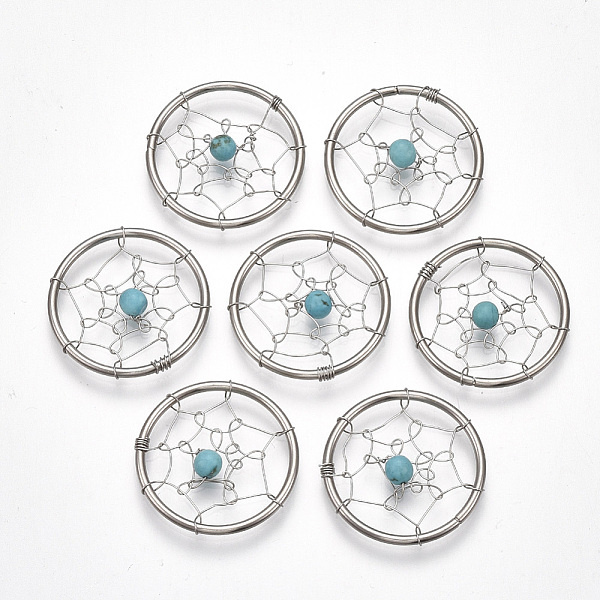 

PandaHall 304 Stainless Steel Pendants, with Synthetic Turquoise Beads, Flat Round with Spider Web, Stainless Steel Color, 25x4~4.5mm..., Cyan