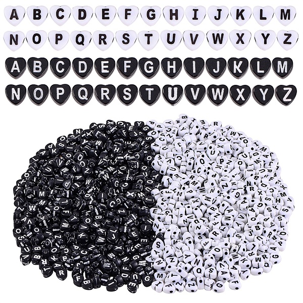 PandaHall 2000Pcs 2 Colors Craft Style Acrylic Beads, Heart with Letter, Mixed Color, 6.5~7x6.5~7.5x4mm, Hole: 1.5~1.6mm, 1000pcs/color...