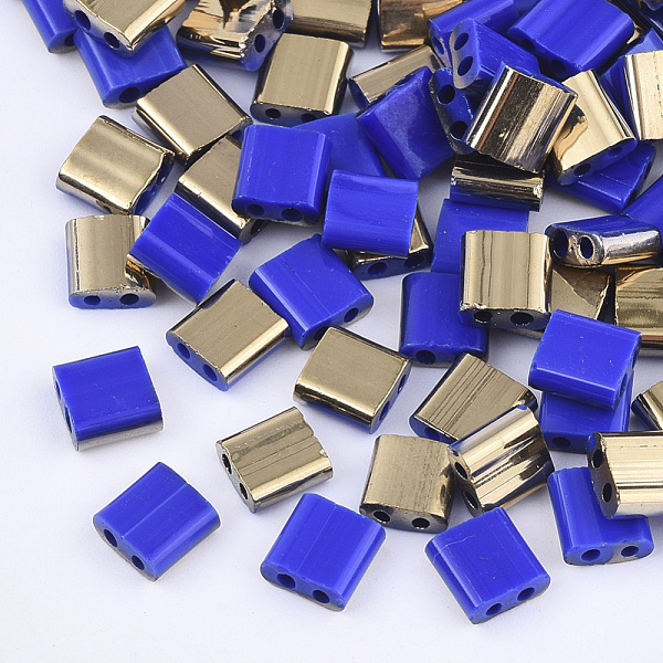 

PandaHall 2-Hole Glass Seed Beads, Half Golden Plated Colours, Square, Blue, 5x4.5~5.5x2~2.5mm, Hole: 0.5~0.8mm, about 118pcs/10g Glass...