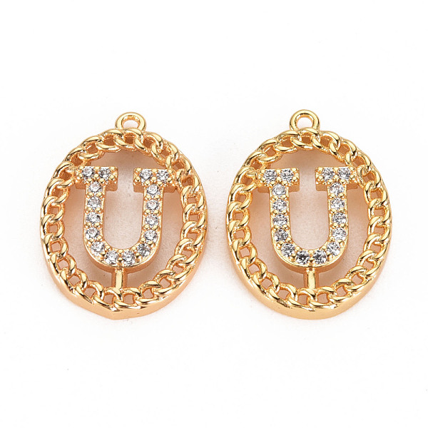 

PandaHall Brass Micro Pave Clear Cubic Zirconia Pendants, Nickel Free, Real 18K Gold Plated, Oval with Word, Letter.U, 17x13x3mm, Hole: 1mm...