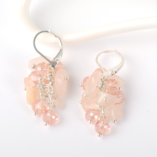 

PandaHall Gemstone Chips Earrings, with Glass Beads and Brass Leverback Hoop Earrings, Rose Quartz, 39mm, Pin: 0.7mm Rose Quartz Pink