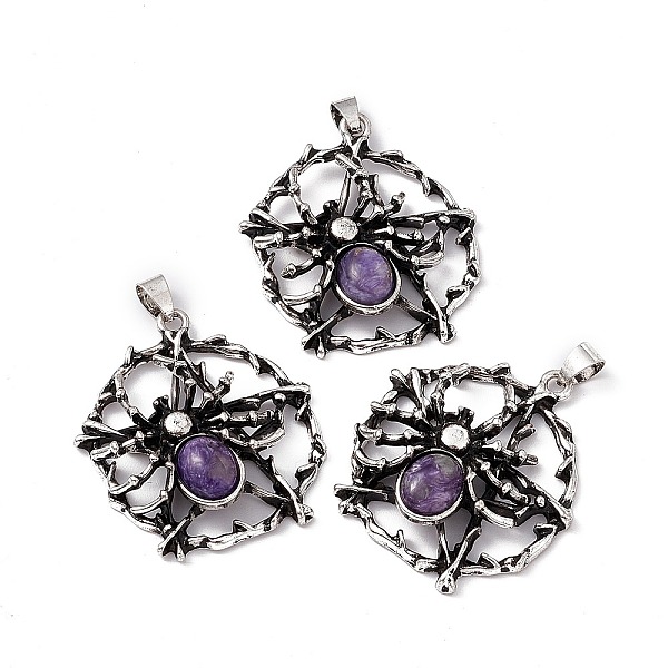 

PandaHall Natural Charoite Pendants, Flat Round with Spider Charms, with Antique Silver Color Brass Findings, 37~38x34~35x9mm, Hole: 5x4mm...