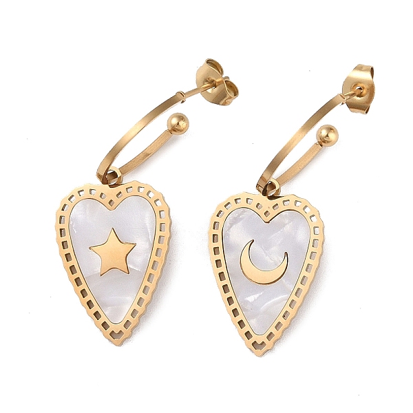 

PandaHall Heart 304 Stainless Steel Shell Stud Earrings, Moon & Star Pattern Dangle Earrings for Women, Real 18K Gold Plated, 38.5x15mm 304...